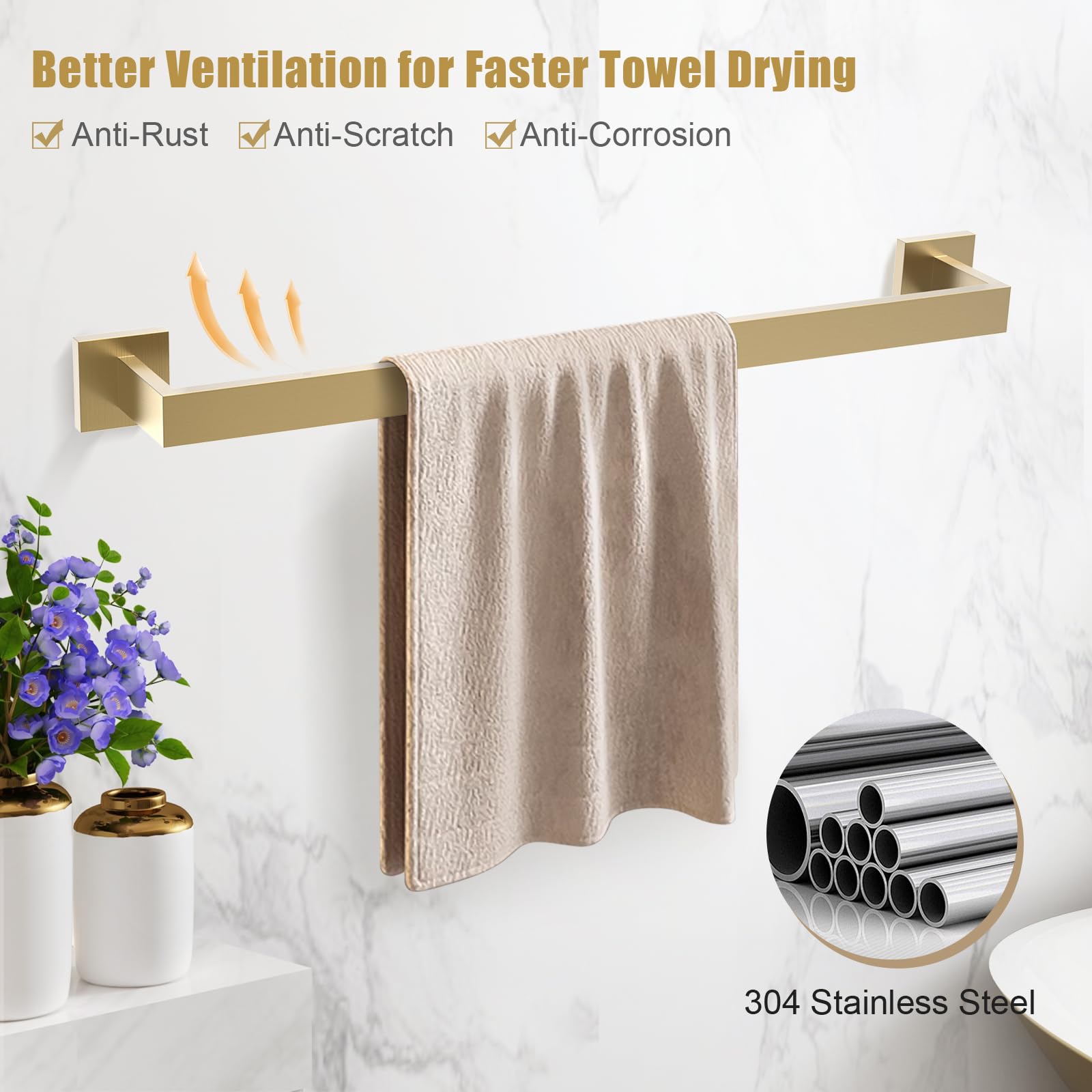 TQKAG Brushed Gold Bathroom Hardware Accessories Set 5 Pieces, Double Post Pivoting Toilet Paper Holder Set Stainless Steel Square Bathroom Towel Bar Holder Set Wall Mounted