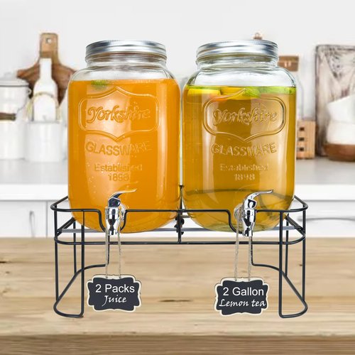 2 Gallon Larger Glass Drink Dispenser for Parties, 2 Packs Juice Lemonade Ice Tea Water Dispenser with Stand, HENABLE Beverage Dispensers with Spigot for BBQ, Picnic, Party