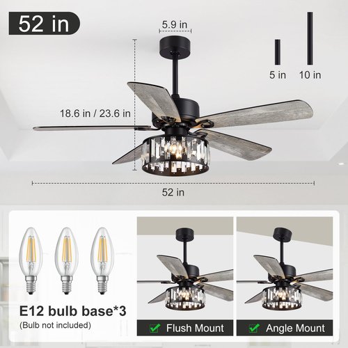 Breezary 52 Inch Farmhouse Ceiling Fan with Light and Remote, Quiet Reversible AC Motor, 5 Blades, Industrial Modern Downrod Mount Black Ceiling Fan with Crystal Light Fixture for Bedroom