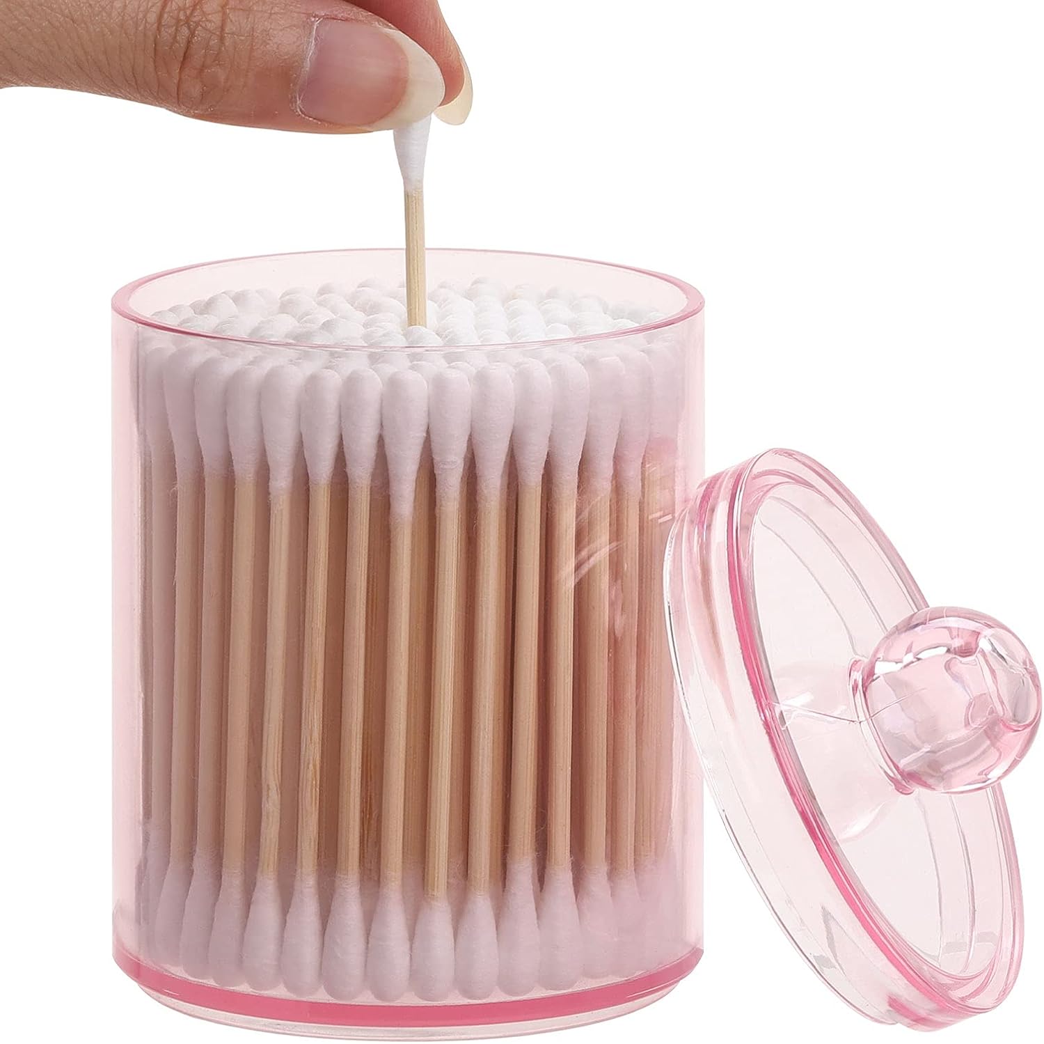 Tbestmax Apothecary Jar - 10 OZ Q-Tips Holder & Cotton Ball Organizer | Pink Bathroom Storage