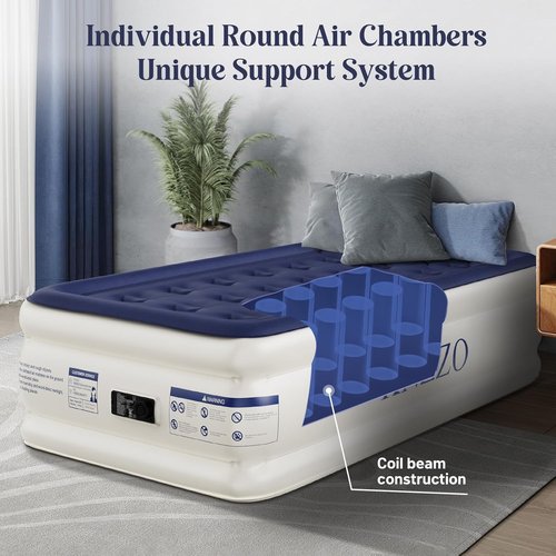 KNZZO Twin Air Mattress - Built-In Pump, Soft Flocked Top, Waterproof & Leakproof for Home or Camping