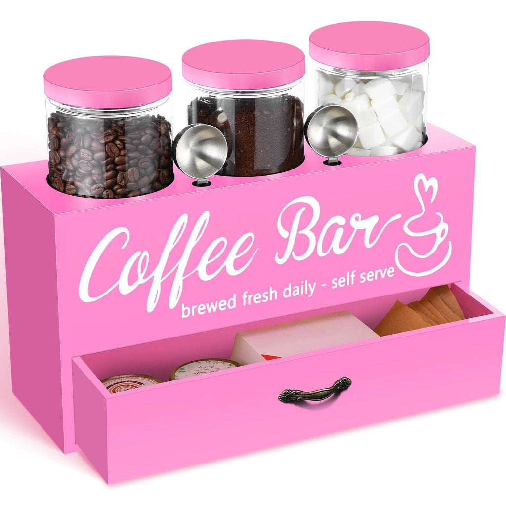 Skybooly 3 Pcs Coffee Bar Containers Set Include Coffee Sugar Container with Lid and Spoon and Double Layer Storage Box with Drawer for Bar Kitchen Countertop (Pink)