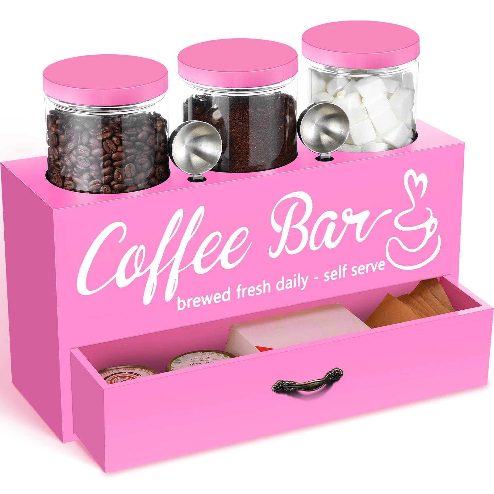 Skybooly 3 Pcs Coffee Bar Containers Set Include Coffee Sugar Container with Lid and Spoon and Double Layer Storage Box with Drawer for Bar Kitchen Countertop (Pink)