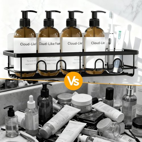 Adhesive Shower Caddy - Large Capacity Bathroom Organizer | No Drill Black Shower Shelves, 2 Pack