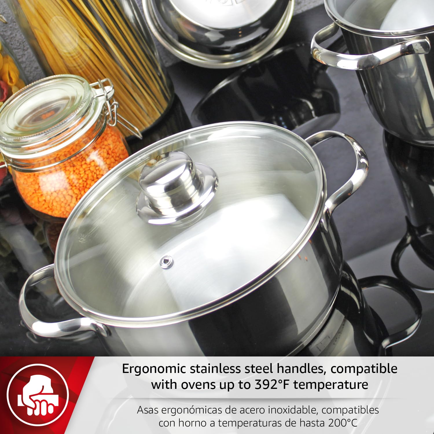 MAGEFESA Dux 7-Piece Stainless Steel Cookware Set, crafted from 18/10 stainless steel, suitable for all stovetop types, effortless clean, dishwasher safe
