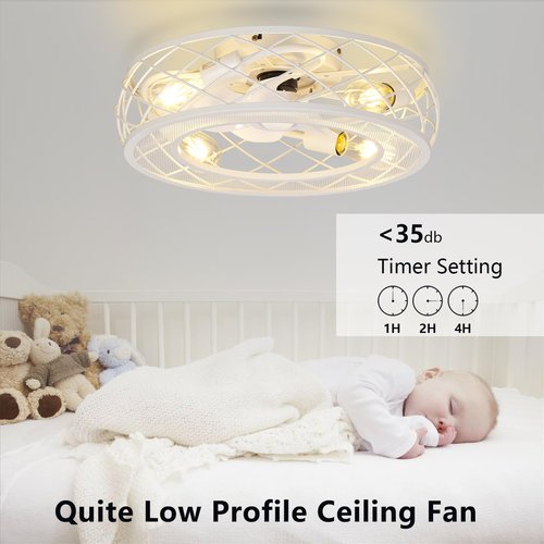 20 Inch White Low Profile Caged Ceiling Fan with Light and Remote, Flush Mount, Noiseless DC Motor, Reversible, 6 Speed with Timer, Rustic Bladeless Cage Design for Bedroom Kitchen Dining Room