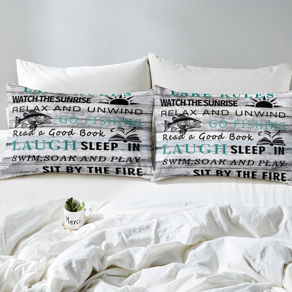 Feelyou Lake House Duvet Cover Fishing Bedding Set for Kids Boys Girls Camping House Comforter Cover Wooden Stripes Texture Bedspread Cover 1 Duvet Cover with 2 Pillowcases Queen Size (No Comforter)