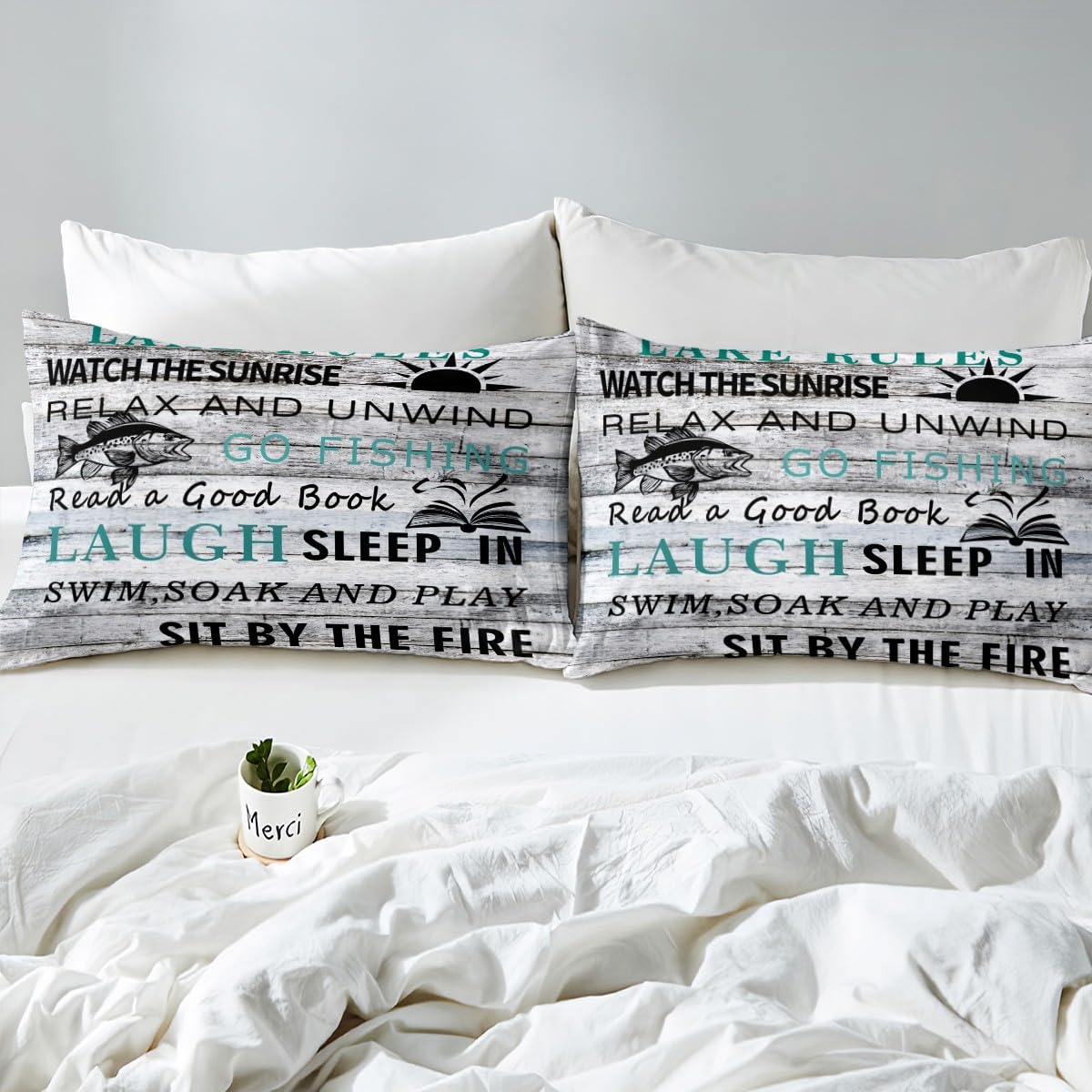 Feelyou Lake House Duvet Cover Fishing Bedding Set for Kids Boys Girls Camping House Comforter Cover Wooden Stripes Texture Bedspread Cover 1 Duvet Cover with 2 Pillowcases Queen Size (No Comforter)