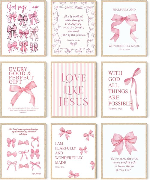 Coquette Pink Bow Wall Art - Inspirational Bible Verses Canvas Prints | 12x16in Unframed Decor for Teen Girls