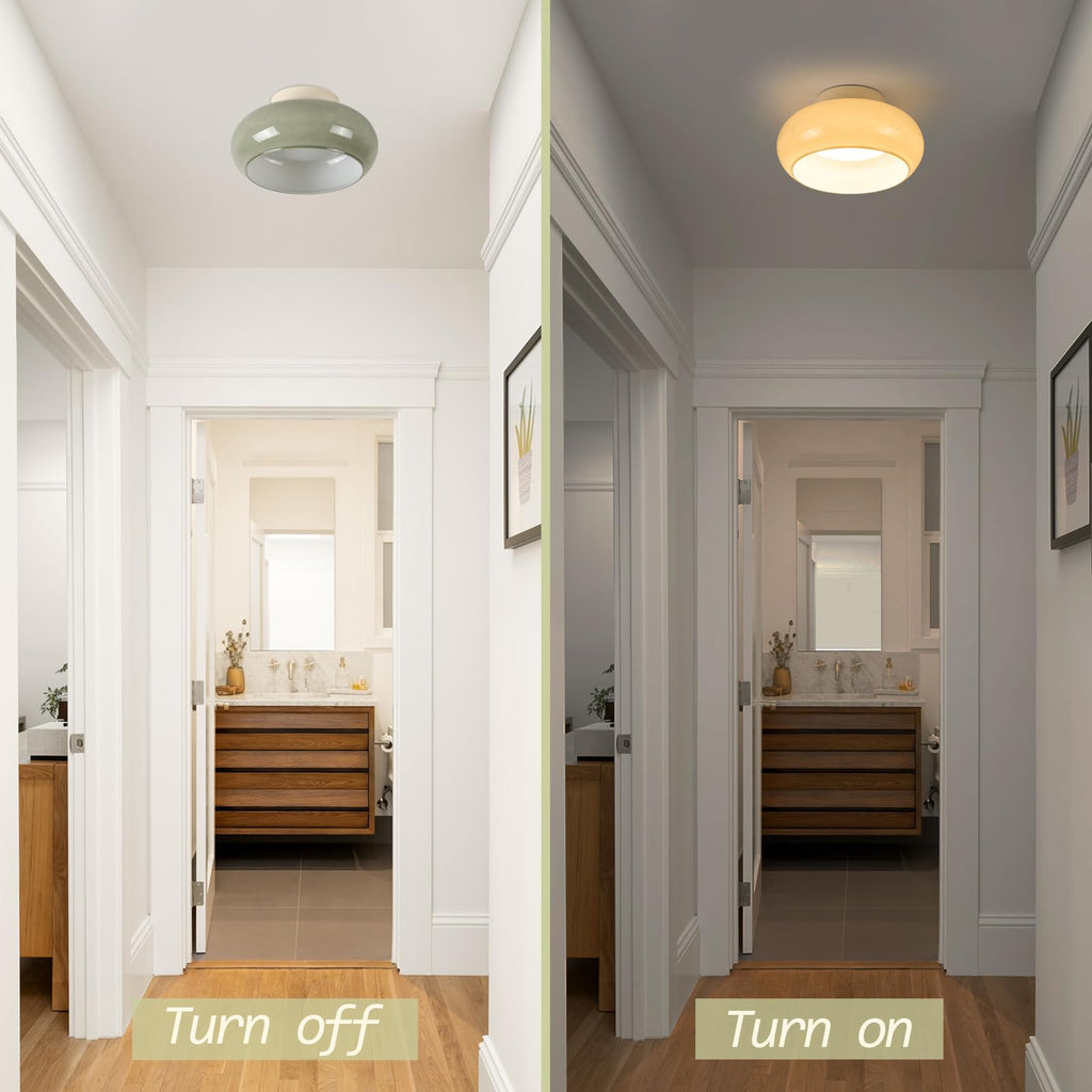 TeHenoo Modern LED Ceiling Light,11 inch,Olive Green Milk Glass Shade,3000K/Warm White/15W,Mid Century Flush Mount Light for Hallway,Laundry Room,Living Room