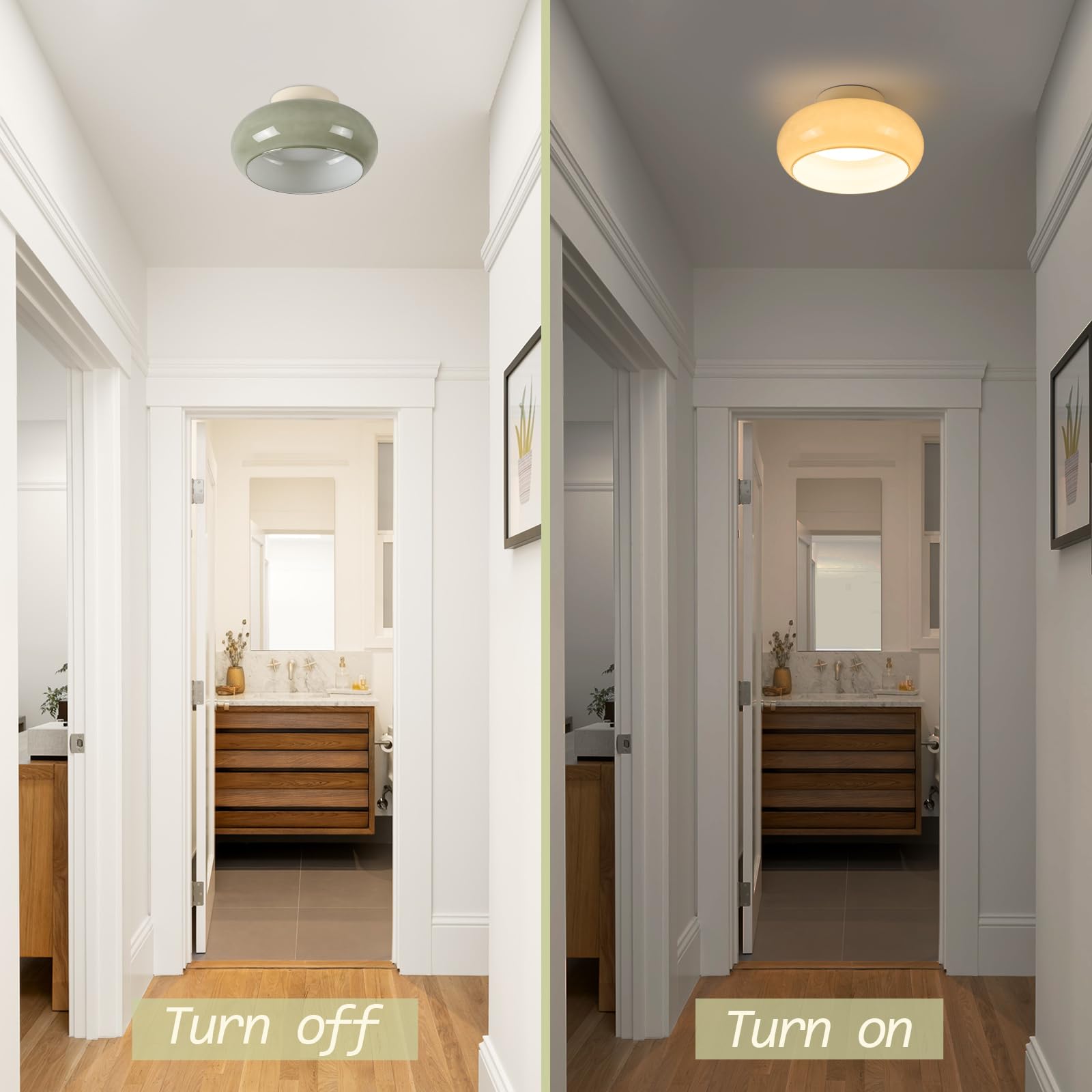 TeHenoo Modern LED Ceiling Light,11 inch,Olive Green Milk Glass Shade,3000K/Warm White/15W,Mid Century Flush Mount Light for Hallway,Laundry Room,Living Room