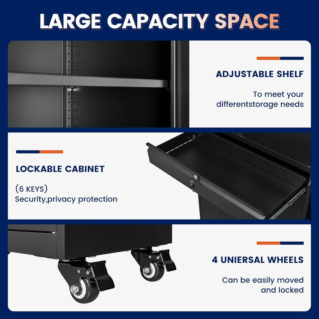 Yizosh Metal Garage Storage Cabinet - Locking Doors & Adjustable Shelves | 73" Rolling Tool Cabinet (Black)