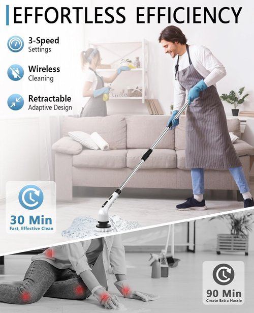 Electric Spin Scrubber for Cleaning Bathroom, Shower Scrubber Cordless Cleaning Brush with IPX7 Waterproof & 3 Speed, 9 Brush Heads, Bathroom Cleaning Supplies for Shower Tub Kitchen Tile Toilet Floor