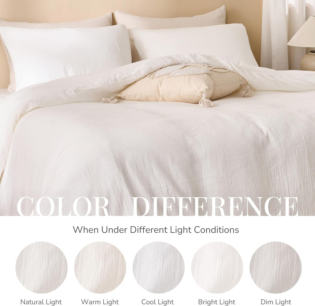 Skiennix Off White Duvet Cover Set - 100% Sandwashed Cotton, Soft & Cozy | Queen Size 90 x 90 Inches