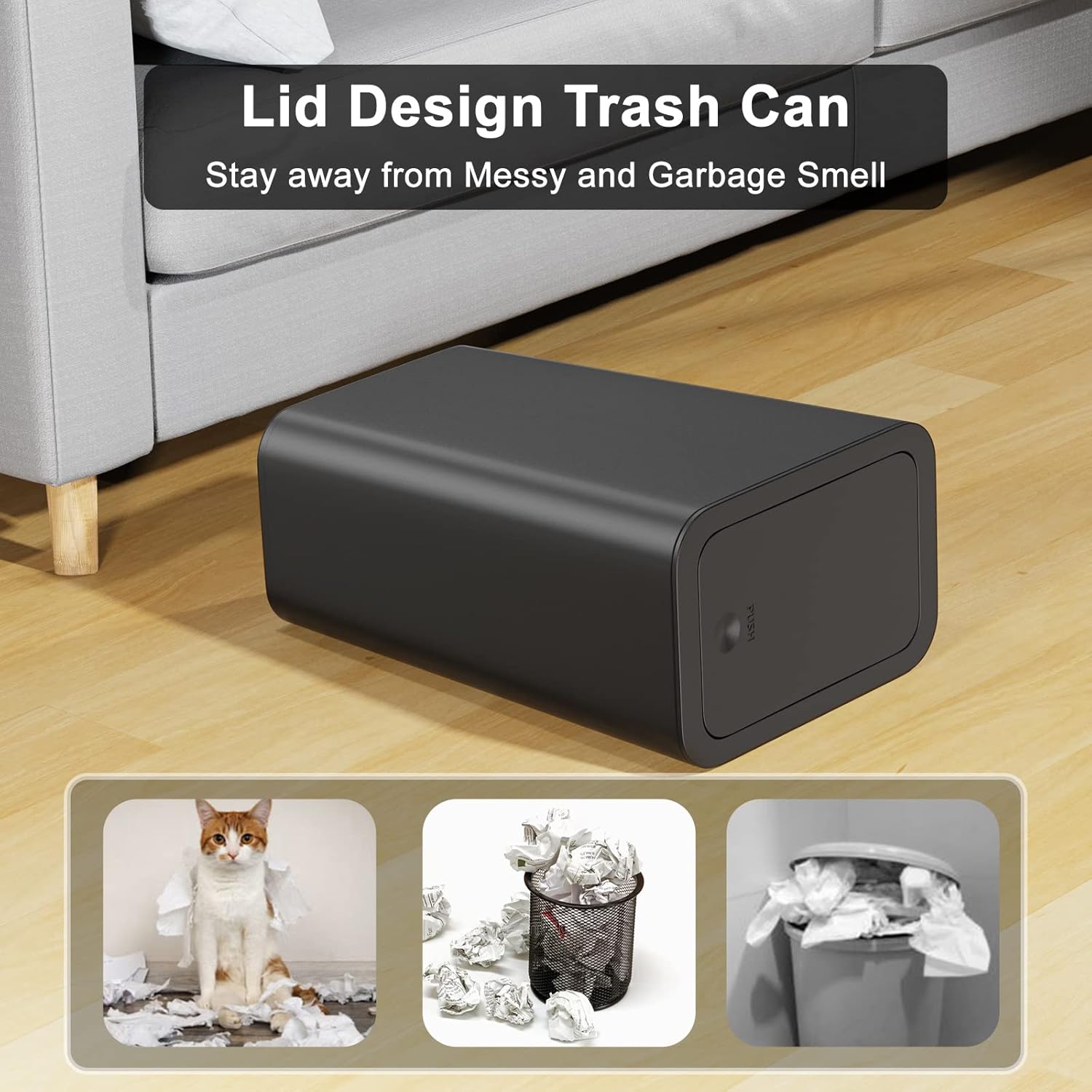 NETDOT 10 Liter Slim Trash Can - 3 Pack with Lid for Bathroom, Kitchen, Office | Black Waste Basket