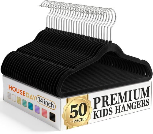HOUSE DAY 14-Inch Kids Velvet Hangers - Durable Non-Slip Felt Hangers for Youth & Teens | 50 Pack, Black