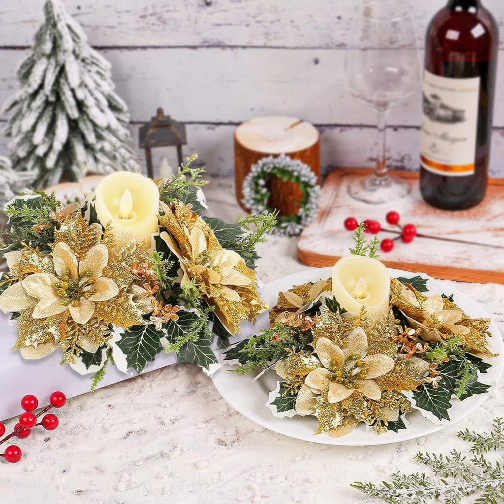 Regine Switzerland Christmas Candle Rings - Artificial Gold Floral Wreath with Holly Leaves | Holiday Table Decor