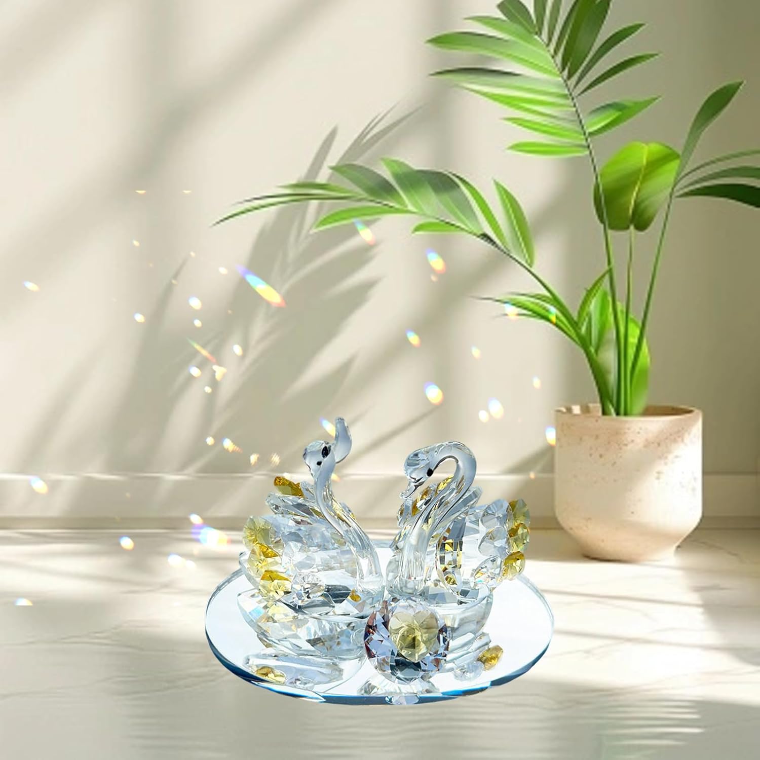 Skiennix Handcrafted Crystal Swan Figurine - Elegant Decorative Glass Collectible | Golden Accent for Home or Gift
