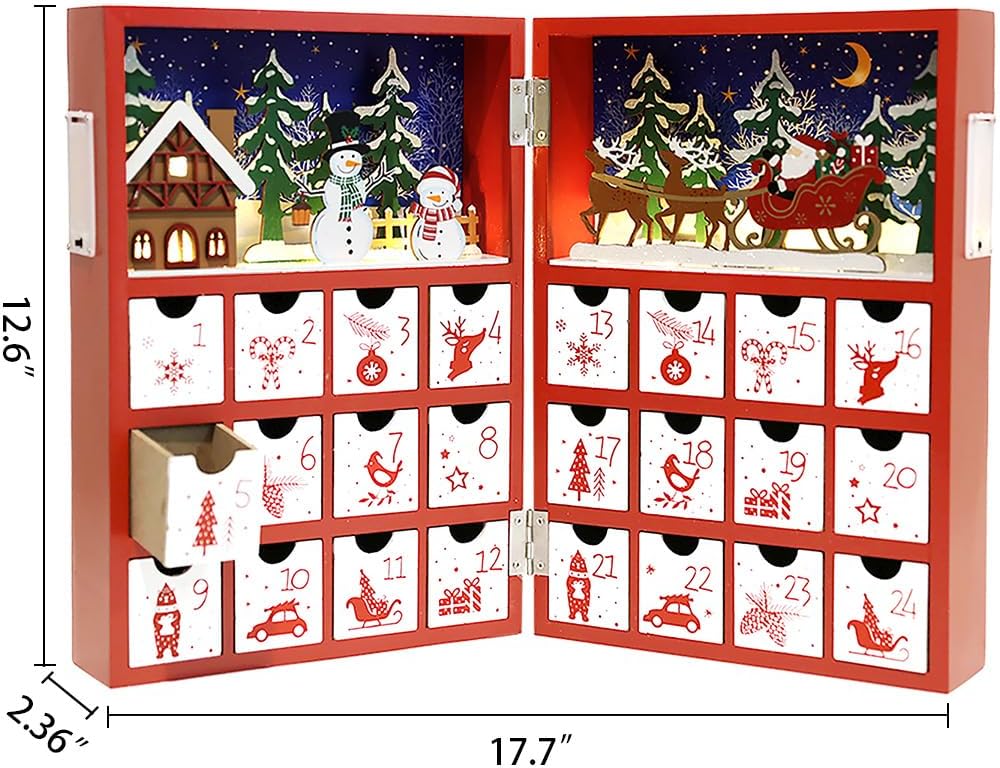 Skiennix Christmas Wooden Advent Calendar - LED Lighting, Red Snowman & Santa Design, 24 Drawers for Holiday Countdown