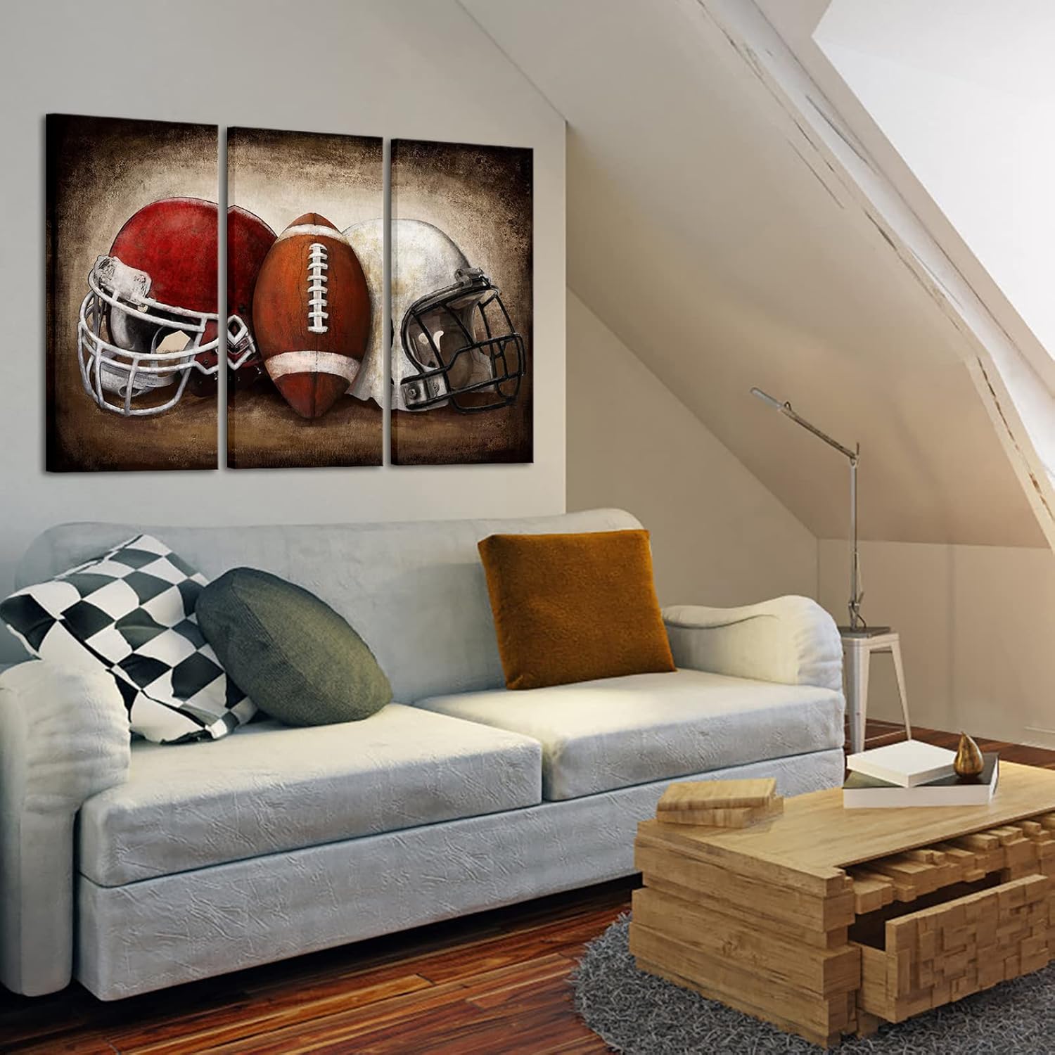 Skiennix Football Canvas Wall Art - Vintage American Football Paintings for Boys' Bedroom | 16"x32" Set of 3
