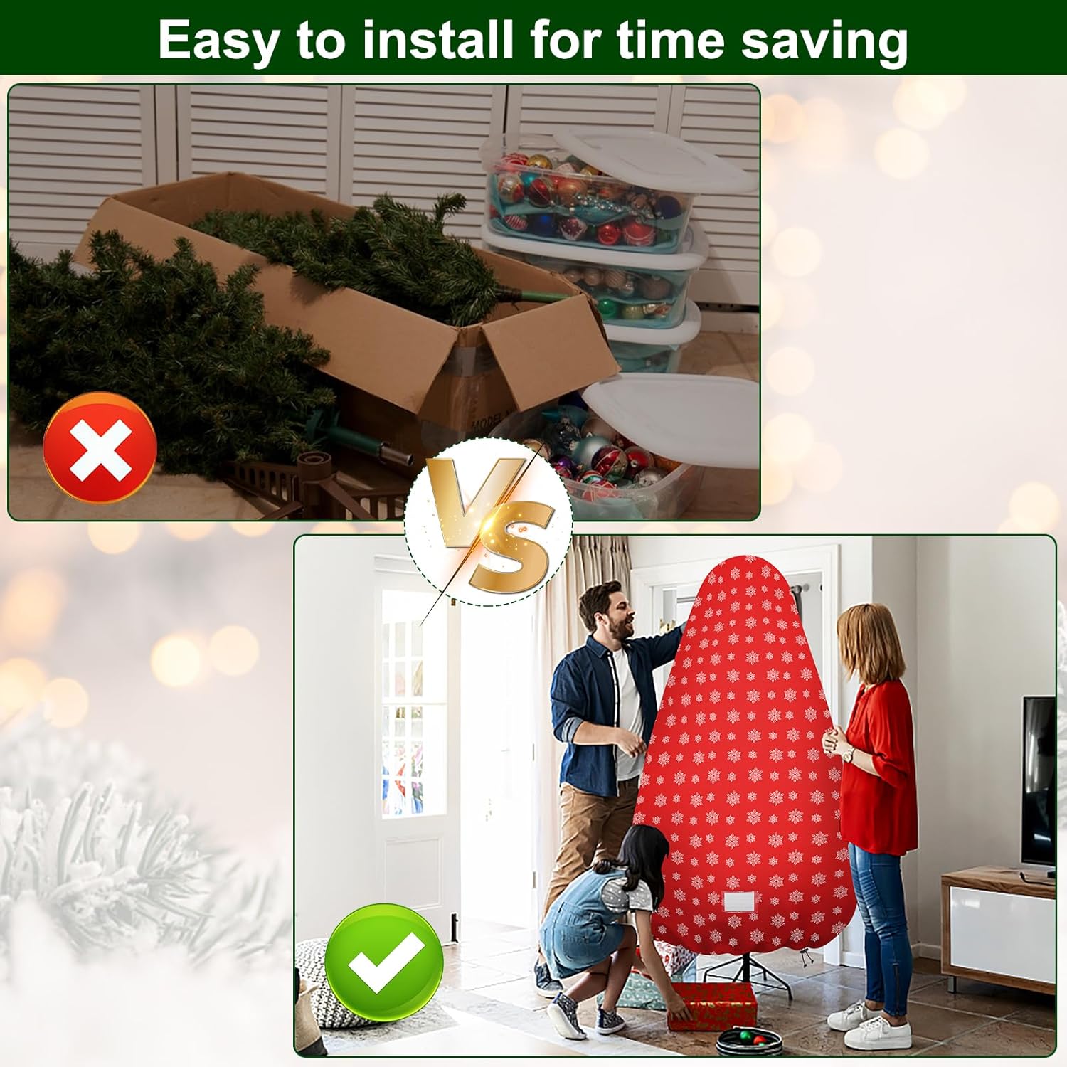 Skiennix Christmas Tree Cover - Durable Storage Bag with Zipper & Drawstring for 6-Foot Trees | Dustproof Red Snow Print