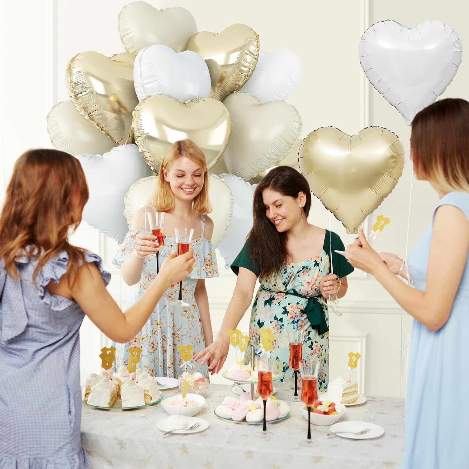 Skiennix Heart Balloons - 12Pcs Cream White & Gold Foil - 18Inch Helium Balloons for Baby Showers & Weddings