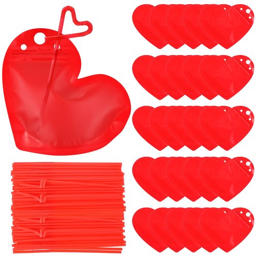 Jingmore 50 Set 8 oz Drink Pouches with Straws Heavy-duty Zipper Reclosable Liquor Smoothie Bags Cute Treat Packing Bags for Festive Parties DIY Gifts Daily Use(Heart,Red)