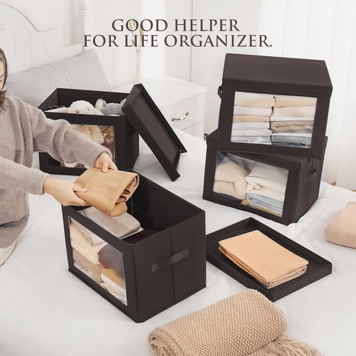 Homsorout Stackable Storage Bins - Large Fabric Baskets with Lids | Foldable Closet Organizer, 5 Pack, Brown