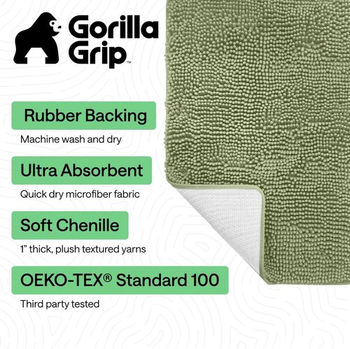 GORILLA GRIP Bath Rug Mat - Soft Absorbent Chenille | Quick-Dry Microfiber 60x17 in Sage Green