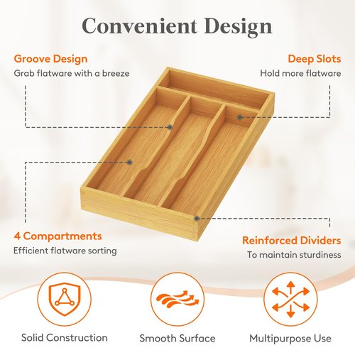 Lifewit Silverware Drawer Organizer, Utensil Tray for Kitchen, Flatware and Cutlery Holder, Storage for Spoons Forks Knives, 6.7 x 12", Natural