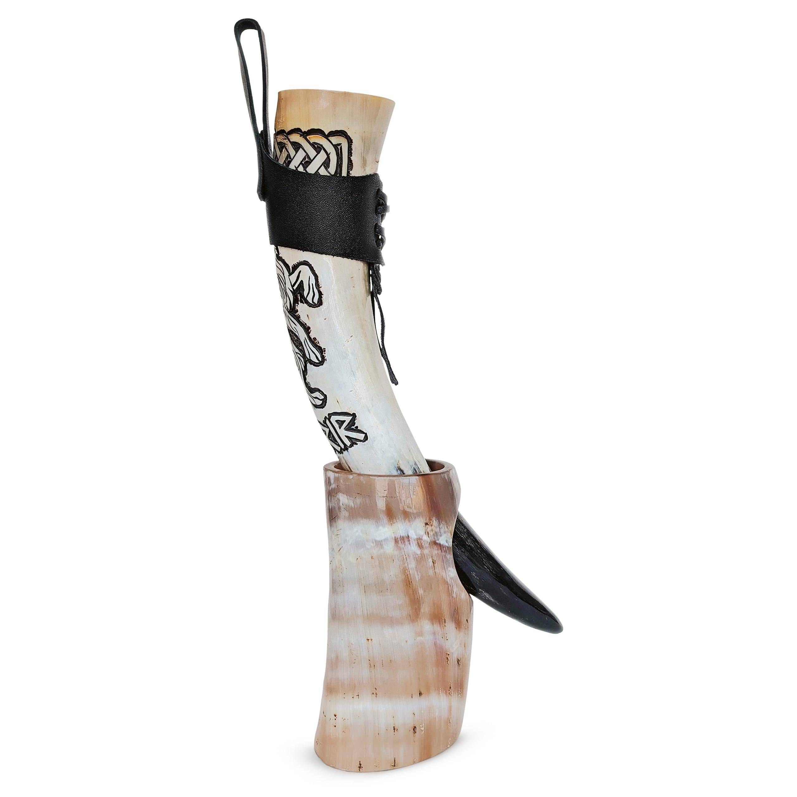 Norse Tradesman Genuine 12" Ox-Horn Viking Drinking Horn with Exquisite Hand Engraved Wolf & Celtic Knot, Black Leather Belt Holster, Fitted Stand & Burlap Gift Sack Included - Wolfsbane, 12-In