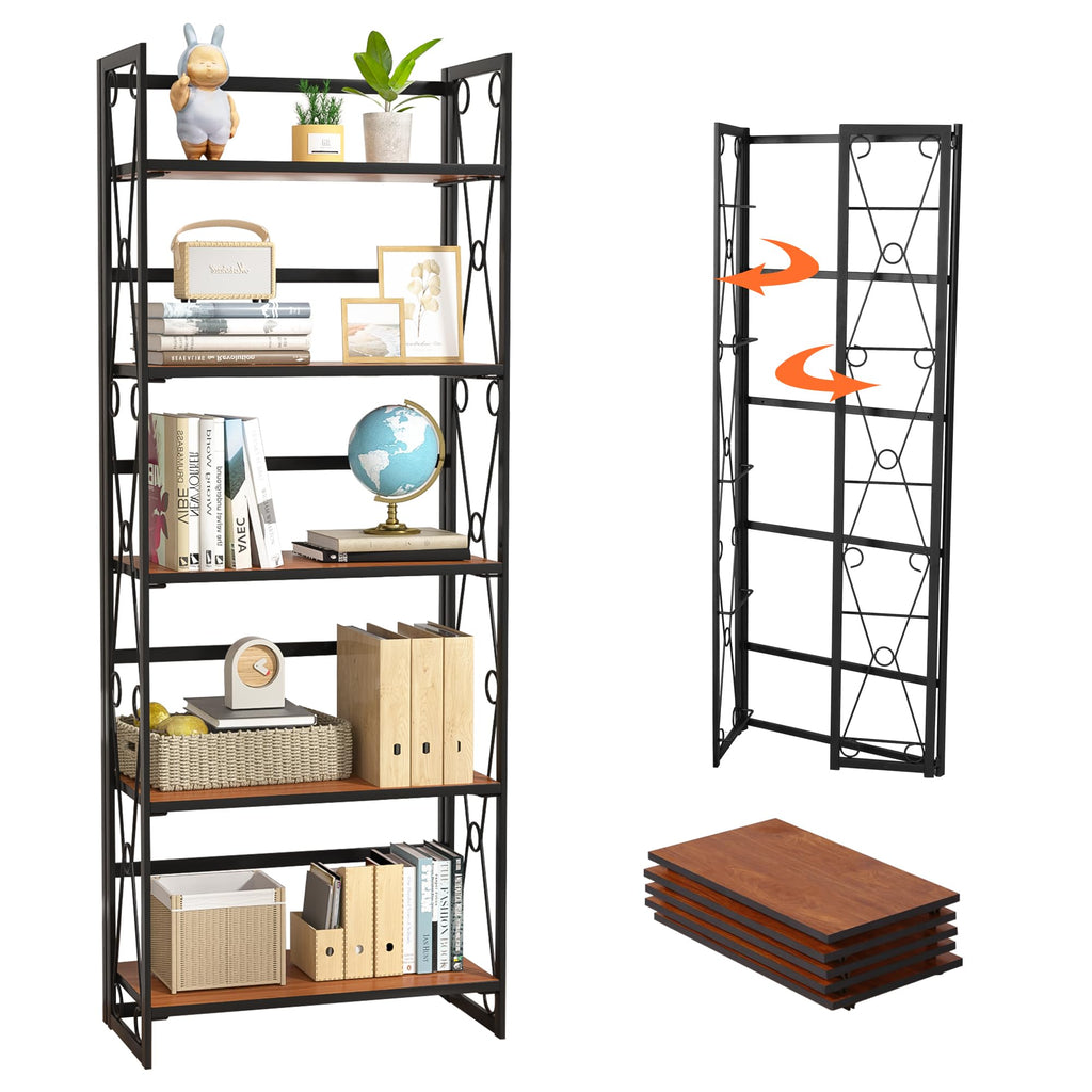 VECELO Folding Bookshelf 5-Tier,Industrial Metal Frame & Wood Shelves,Foldable Bookcase No Assembly Free Standing Storage Organizer for Living Room,Office,Bedroom