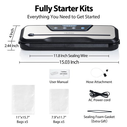 Automatic Food Vacuum Sealer Machine, Beelicious 8-In-1 Food Vacuum Saver with Starter Kits, Pulse Function, Moist & Dry Mode and External VAC for Jars and Containers, Stainless Steel