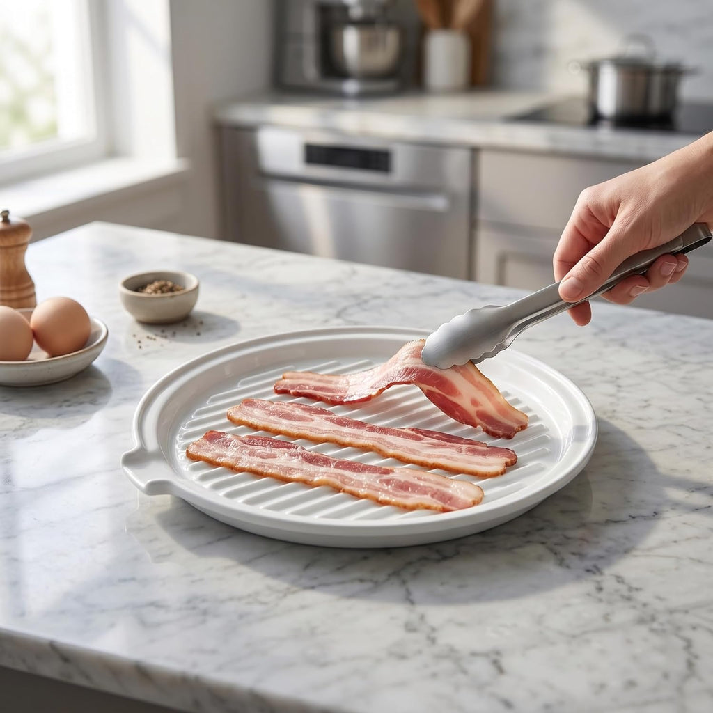 ONEMORE Microwave Bacon Tray - Ceramic Cooker for Crispy Bacon | 11-Inch Round Dish, White