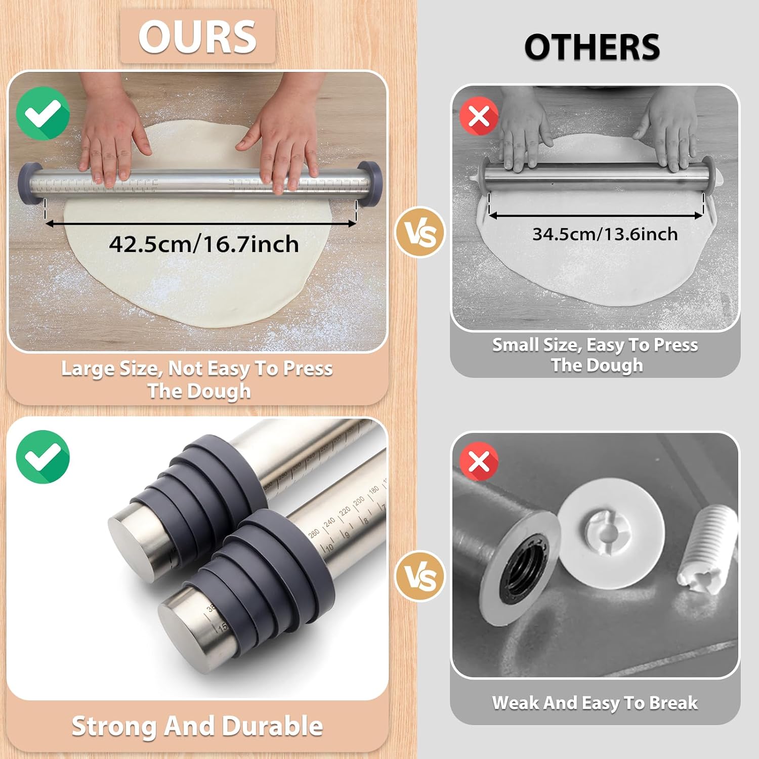 Skiennix Adjustable Rolling Pin - Non-Stick Stainless Steel Dough Roller with Thickness Rings | 17.5" Grey