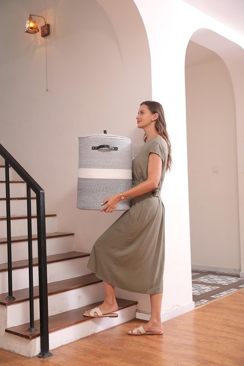 Extra Large Cotton Rope Storage Basket with Lid and Zipper, Versatile Laundry Hamper and Cloth Bin for Clothes, Towels, Blankets, Living Room Organization (Dual Grey, 16"x20")