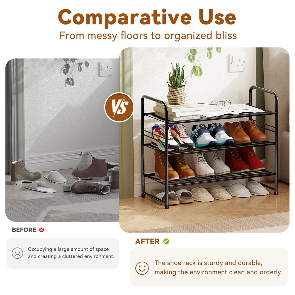 MWQ Shoe Organizer for Closet, Metal Shoe Shelf Rack Stackable 3 Tier 27 Inch Wide for Entryway, Adjustable, Black