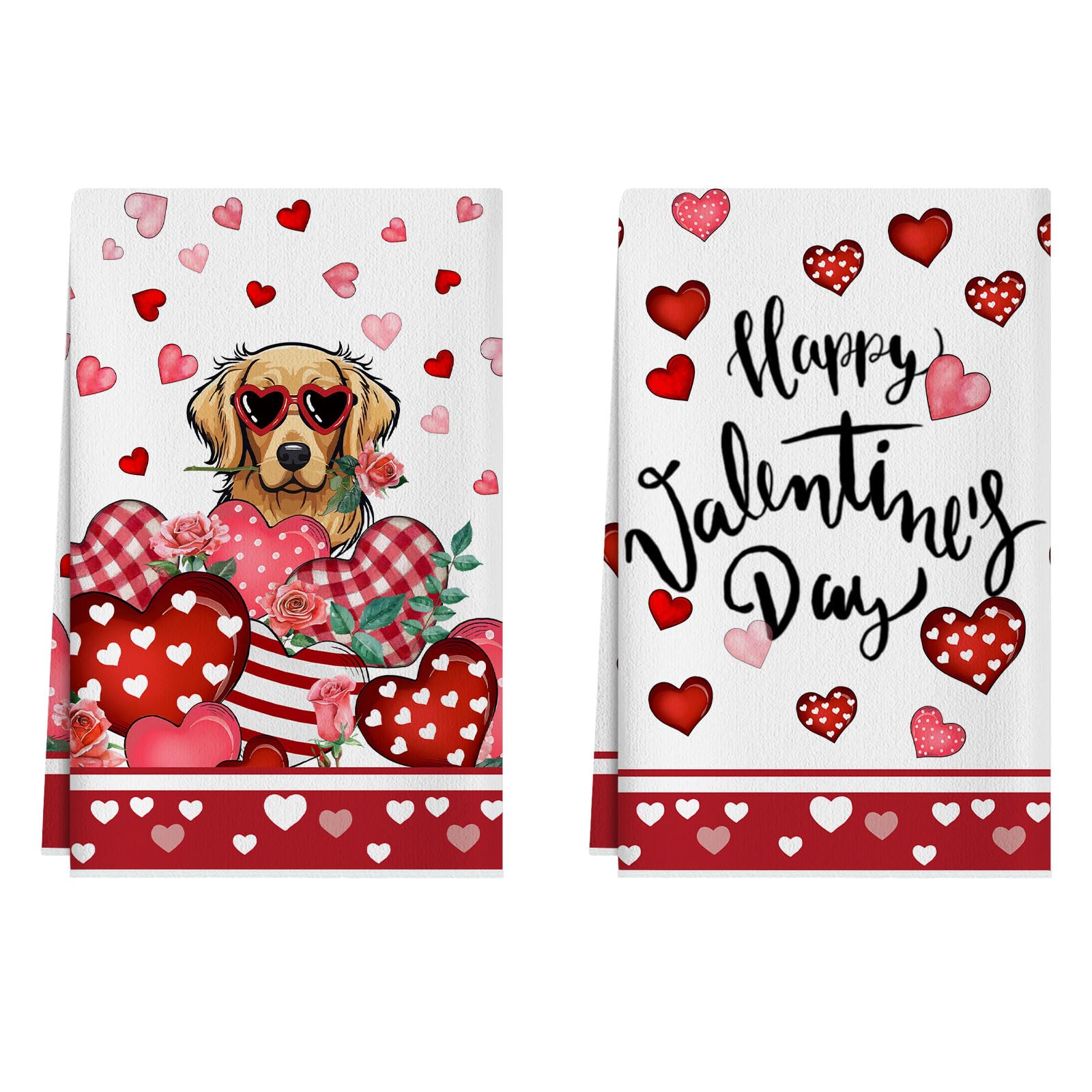 XCHI Happy Valentine's Day Love Hearts Dog Kitchen Towels Dish Towels 18x26 Inch Home Kitchen Decorations Hand Towels Set of 2 Drying Dishcloth