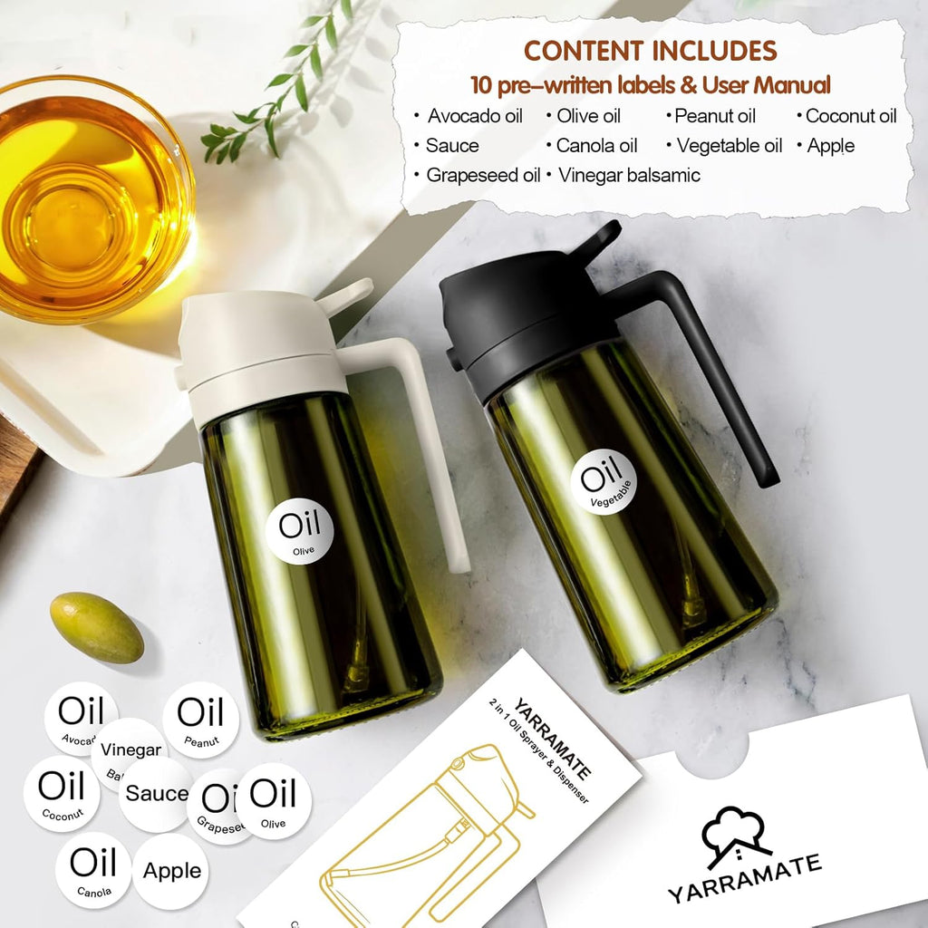 YARRAMATE 2-Pack 16oz Light Blockage Dark Oil Sprayer | Food-Grade Olive Oil Dispenser - Green Glass