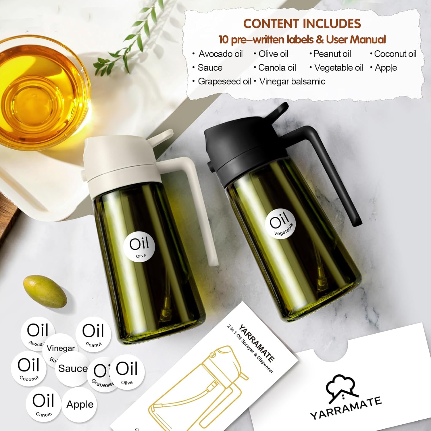 YARRAMATE Light-Blocking Dark Oil Sprayer - 16oz Olive Oil Dispenser Bottle | Premium Food-Grade Glass
