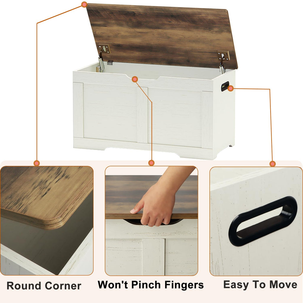 Timberer 31.5" Storage Chest, Wooden Storage Bench, Lift Top Toy Chest with 2 Safety Hinges, Large Toy Box, Entryway Shoes Bench for Living Room, Bedroom, Brown and Rustic White
