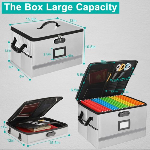EXLIFBAG Portable Fireproof File Box - 2 Layer Document Organizer with Lock & Handle for Home Office