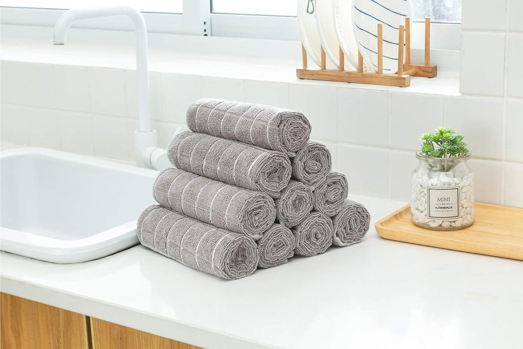 Microfiber Dish Towels - Super Absorbent & Lint-Free Kitchen Towels - 8 Pack, Gray Lattice Design, 26 x 18 Inch