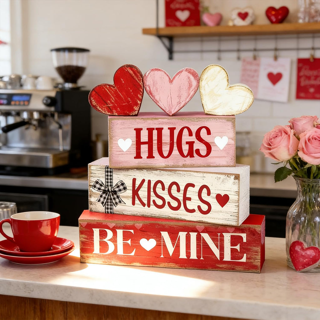 Valentines Day Decorations - Valentine Tiered Tray Decor Set - Wooden Table Decoration with Heart Signs - Rustic Farmhouse Valentine’s Day Home Decor Indoor for Shelf Mantel Coffee Table Gift