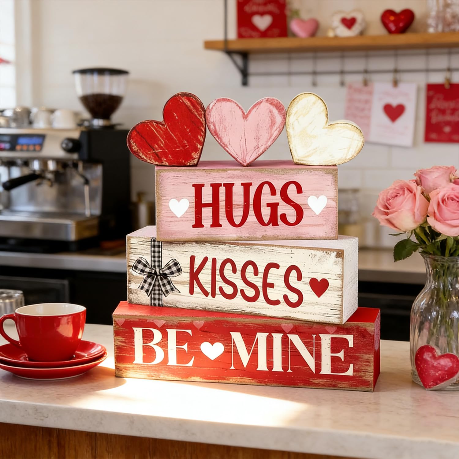 Valentines Day Decorations - Valentine Tiered Tray Decor Set - Wooden Table Decoration with Heart Signs - Rustic Farmhouse Valentine’s Day Home Decor Indoor for Shelf Mantel Coffee Table Gift