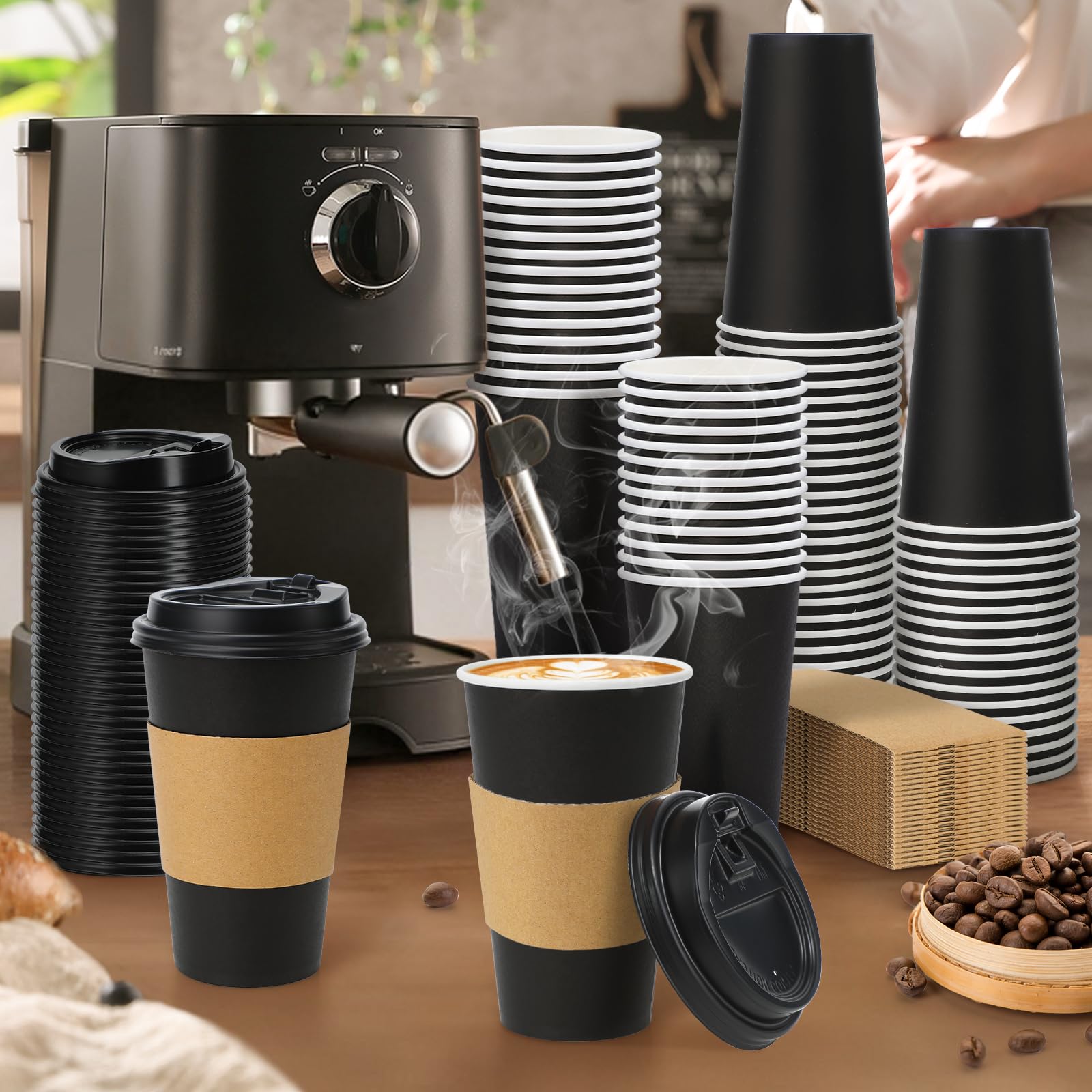 Lamosi 500 Pack 16 oz Disposable Coffee Cups with Lids and Sleeves, Black Leak-Proof To Go Coffee Cups with Lids, Hot/Cold Beverage Black Drinking Cup for Home, Office, Parties, Travel