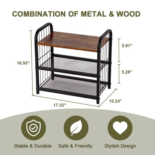 BWOORACKU 3-Tier Shoe Rack with Guardrails, Heavy-Duty Metal Mesh Shelves & Rustic Wooden Top - Space-Saving Organizer for Closet, Entryway, and Hallway (Holds 1-2 Pairs/Shelf)