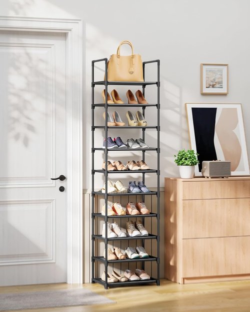 Kitsure Shoe Rack - 10-Tier Tall Organizer with Detachable Fabric Shelves | 16.9" Wide - Black