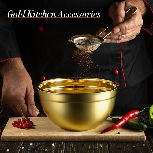 Baderke 6 Pcs Gold Kitchen Accessories Set Includes 3 Gold Mixing Bowls with Airtight Lids Stainless Steel Colander Grater Slicer and Fine Mesh Strainer (Mixing Bowls: 3.7/5/7 Qt, Colander: 5 Qt)