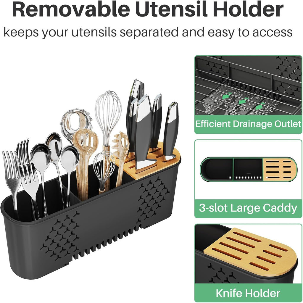SNTD Large Dish Drying Rack - Expandable Stainless Steel Kitchen Dish Drainer | 19.3" to 29.4" with Utensil Holder & Pan Lid Holder (Black)